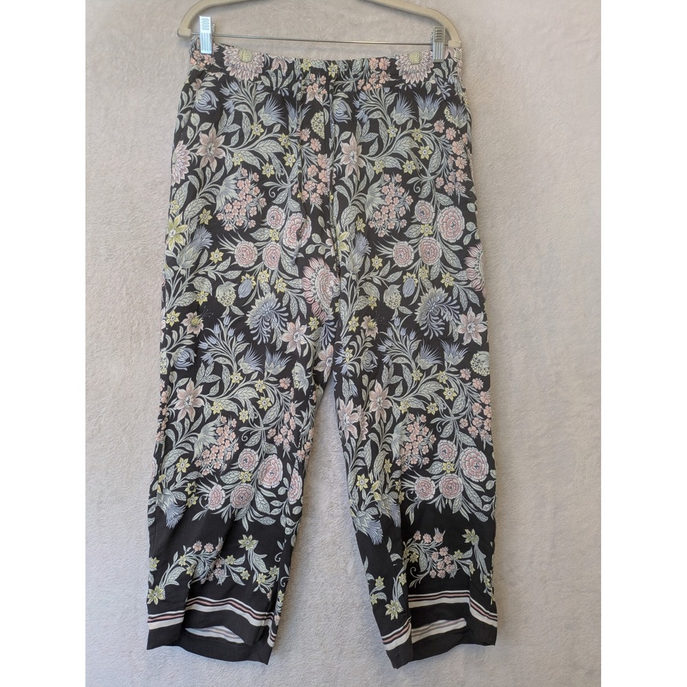 LOFT Pants Women's Small Black Floral Cropped Wide Leg Elastic Waist